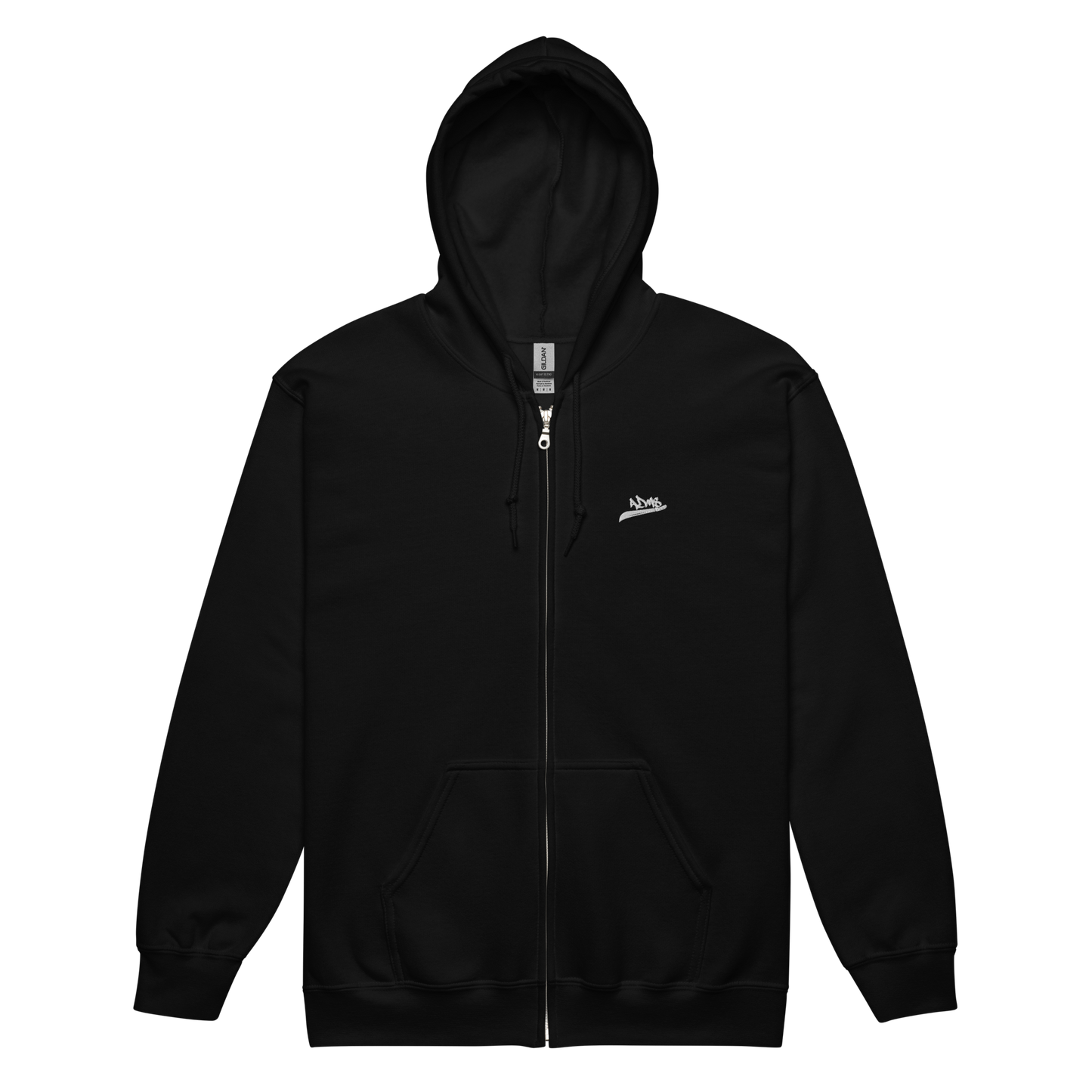 Face du hoodie à capuche et fermeture éclair noir avec le logo ADMS brodé sur le côté gauche de la poitrine