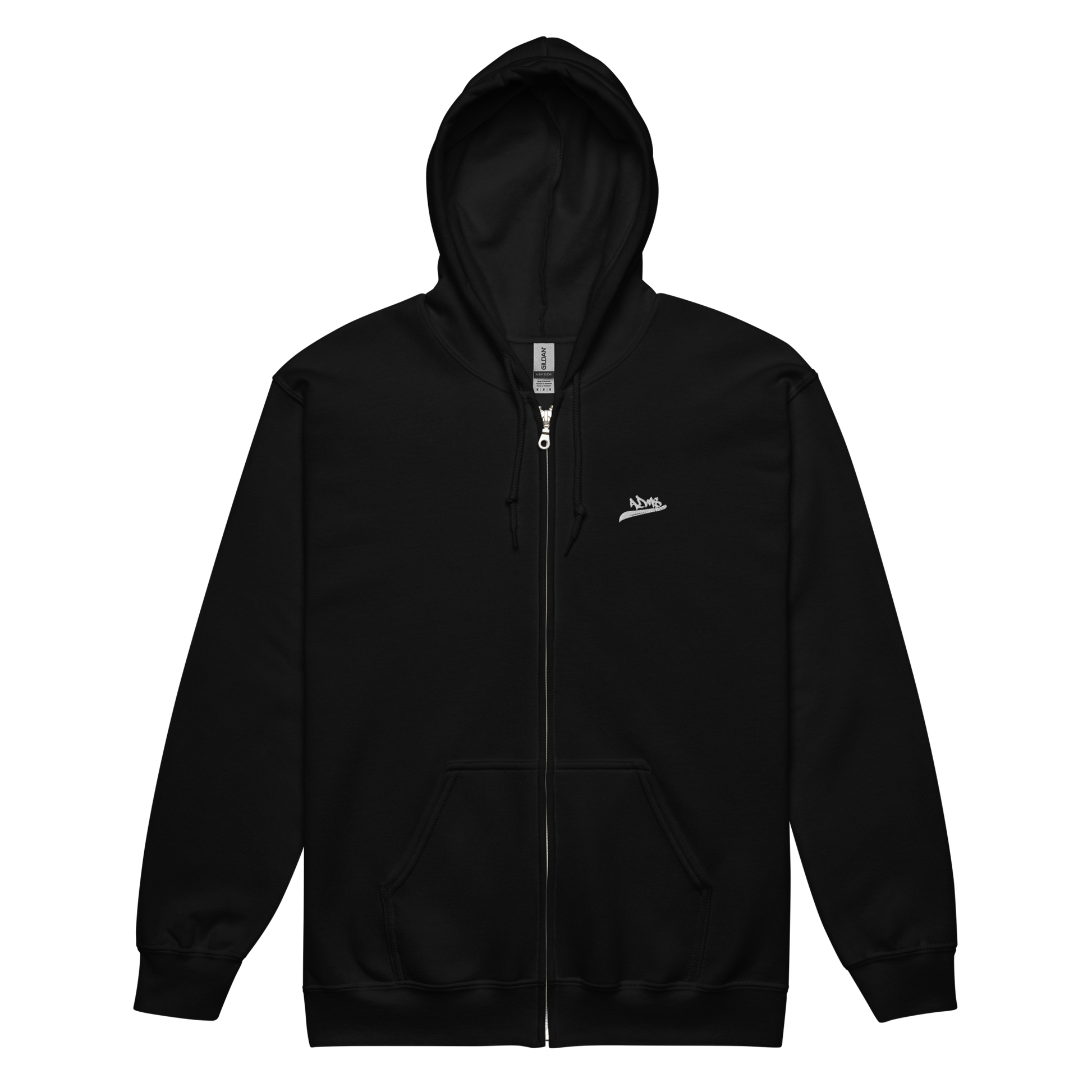 Face du hoodie à capuche et fermeture éclair noir avec le logo ADMS brodé sur le côté gauche de la poitrine