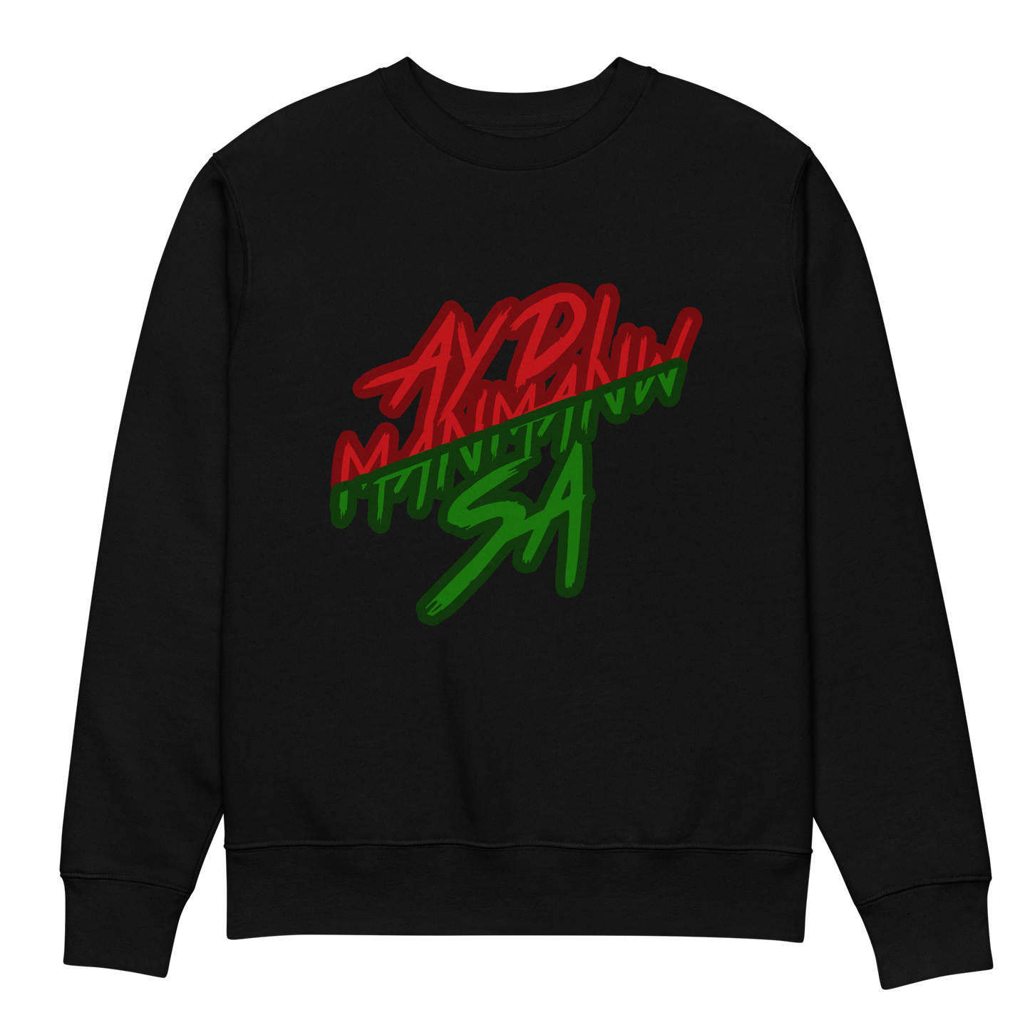Face du sweatshirt noir ADMS SHOP avec l'écriture Ay Di Manmanw Sa floqué en rouge et vert sur la poitrine