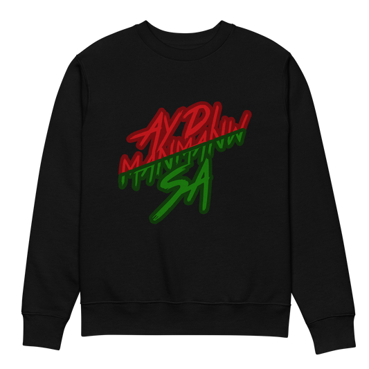 Face du sweatshirt noir ADMS SHOP avec l'écriture Ay Di Manmanw Sa floqué en rouge et vert sur la poitrine
