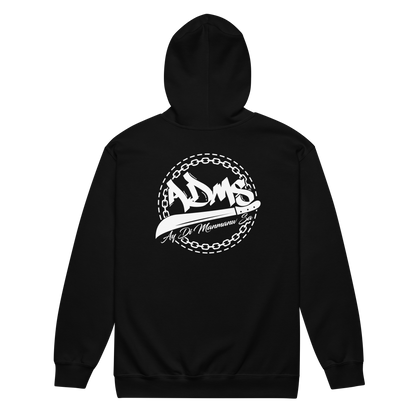 Dos du hoodie noir à capuche avec le logo ADMS floqué en gros
