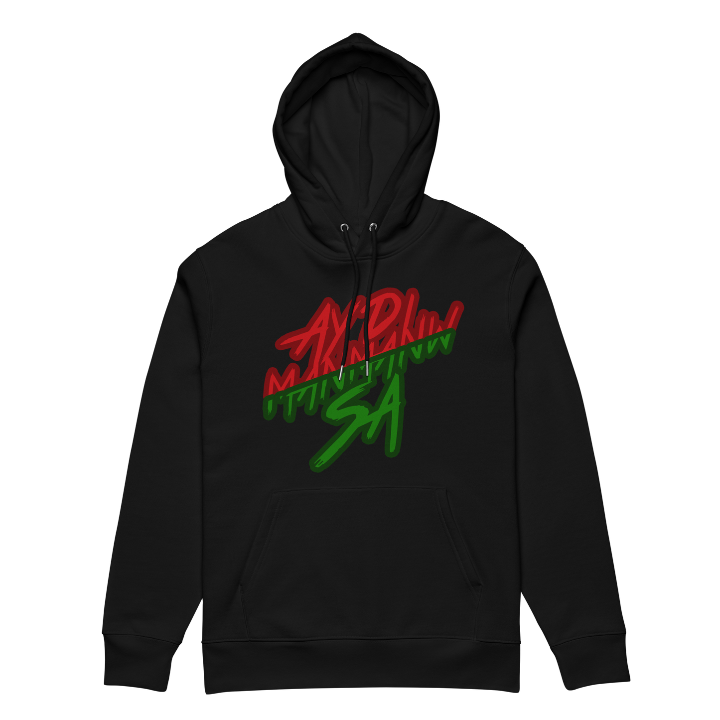 Face du hoodie à capuche noir ADMS SHOP avec l'écriture Ay Di Manmanw Sa floqué en rouge et vert sur la poitrine