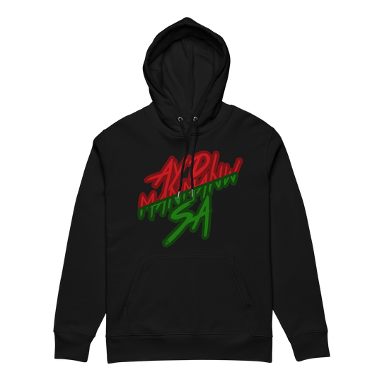 Face du hoodie à capuche noir ADMS SHOP avec l'écriture Ay Di Manmanw Sa floqué en rouge et vert sur la poitrine